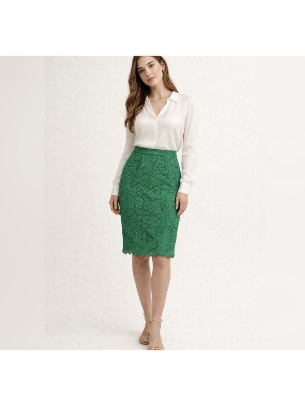 J Crew Green Floral Lace Pencil Skirt Size 2